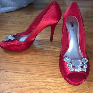 Red open toed heels with jewel detail Size 7.5